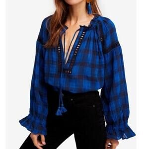Free People Honey Grove Plaid Top Gauze Bell Sleeve Pleated Blouse in Black Blue